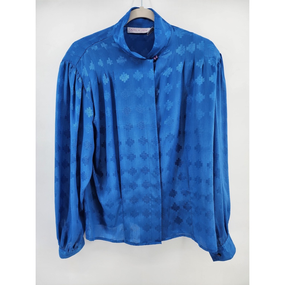 Laura and Jayne Royal Blue Geometric Jacquard Mock Neck‎ Long Sleeve Blouse 16